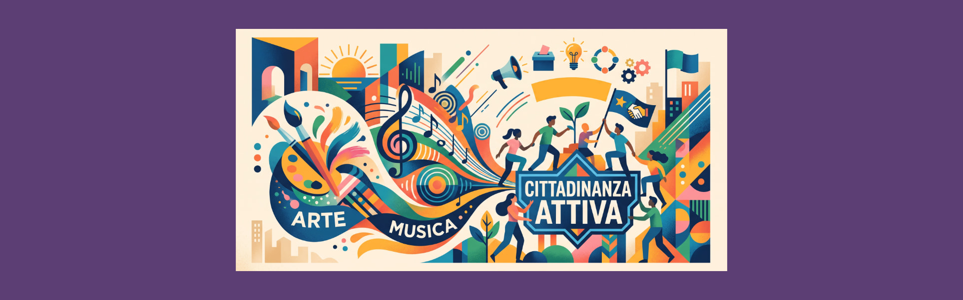 Illustrazione vettoriale e astratta in stile moderno e geometrico che fonde i temi di arte, musica, giovani e cittadinanza attiva attraverso palette di colori vivaci, forme fluide, spartiti musicali, pennelli e sagome stilizzate