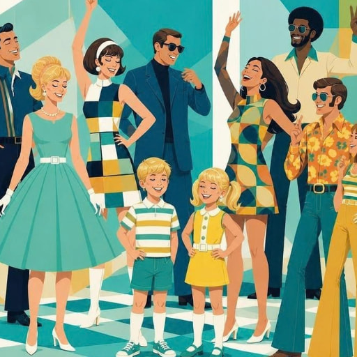 Illustrazione in stile flat design: Un gruppo di persone sorridenti con abiti che richiamano gli anni sessanta.
