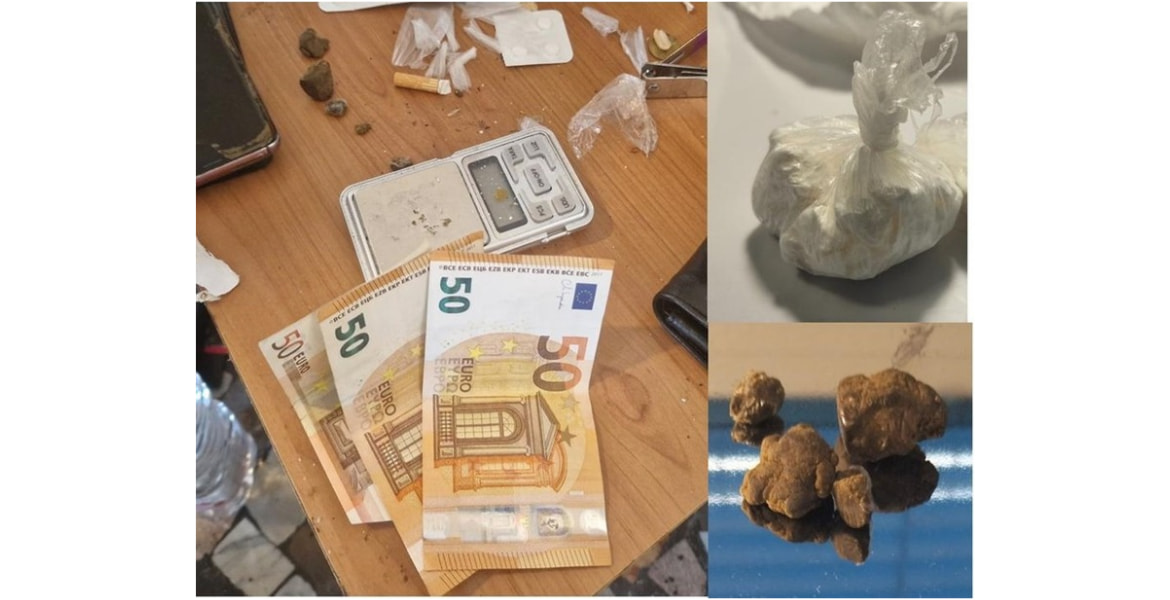 Gli agenti del Nucleo operativo speciale hanno sequestrato 19 grammi di cocaina, 6 di hashish e 295 euro in contanti. Parte della droga era nascosta in una fioriera