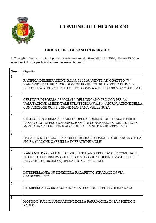Ordine del Giorno 01 Ottobre 2026