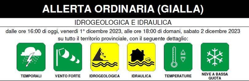 Maltempo, precipitazioni intense: emesso avviso di allerta ordinaria (gialla)
