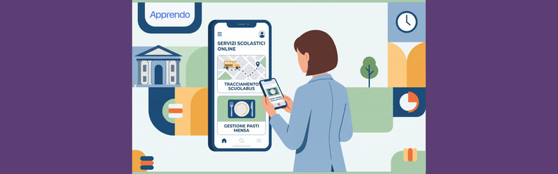Illustrazione grafica raffigurante una persona che utilizza dallo smartphone i servizi online per mensa e tracciamento dello scuolabus