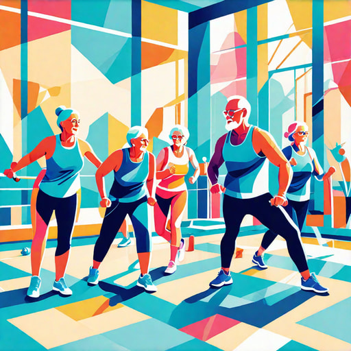 Illustrazione generativa di IA di persone anziane che fanno ginnastica.