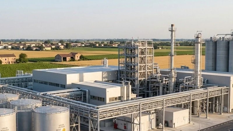 Stabilimento industriale moderno, circondato da campi agricoli e con un centro abitato visibile sullo sfondo