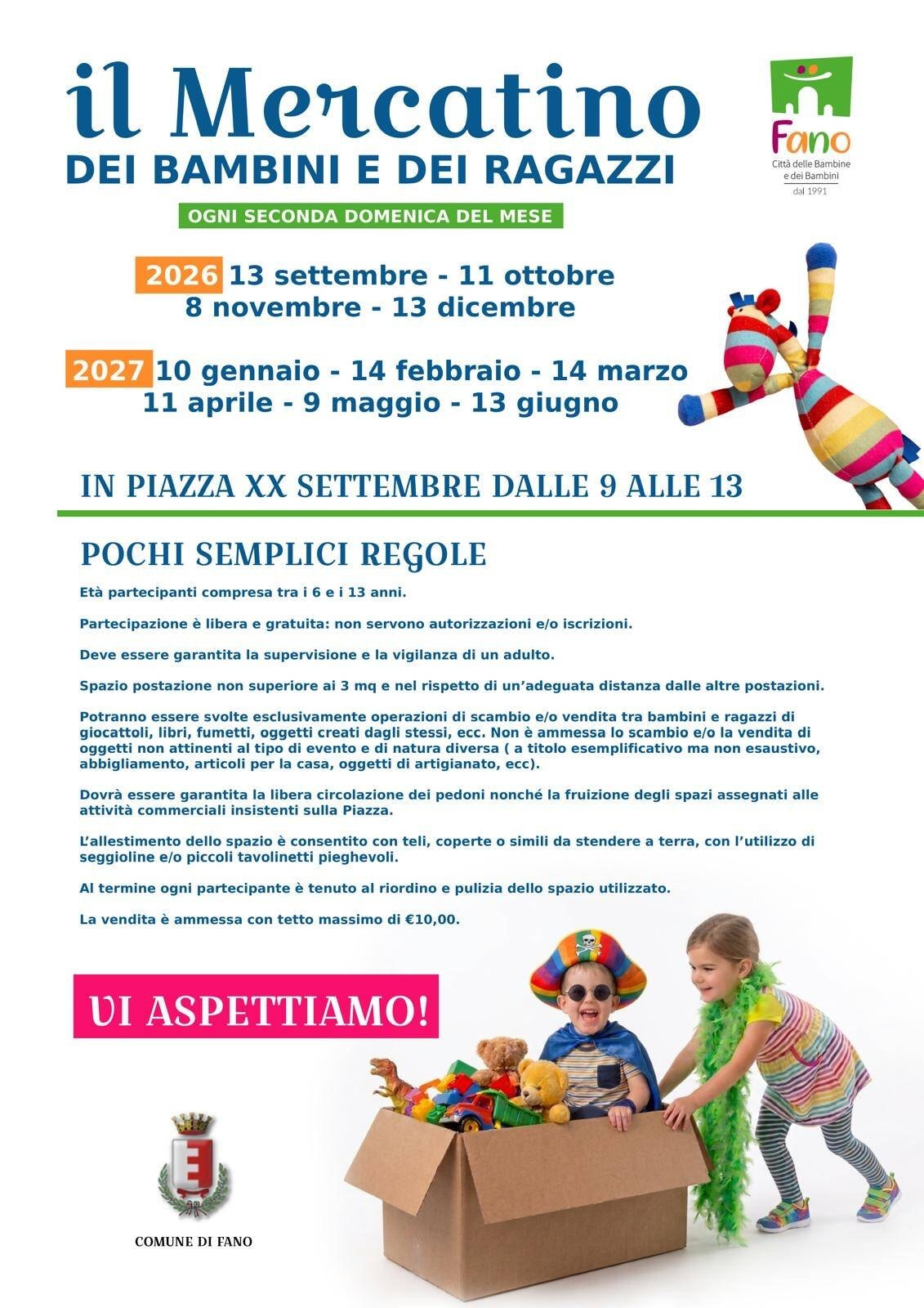 FANO CITTÀ DELLE BAMBINE E DEI BAMBINI: TORNA IL MERCATINO IN PIAZZA XX SETTEMBRE